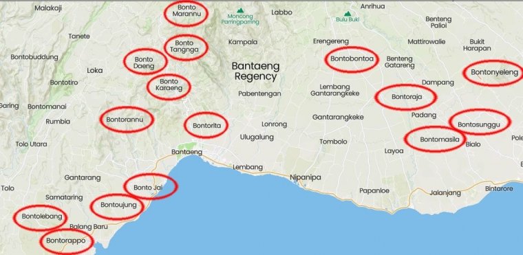 Beberapa nama wilayah di Kabupaten Bantaeng yang menggunakan kata 'bonto' (dokpri)
