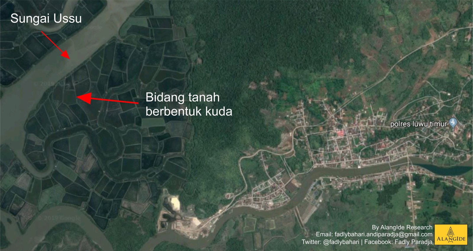 Bidang tanah berbentuk kuda di tepi sungai Ussu (sumber: googlemap)