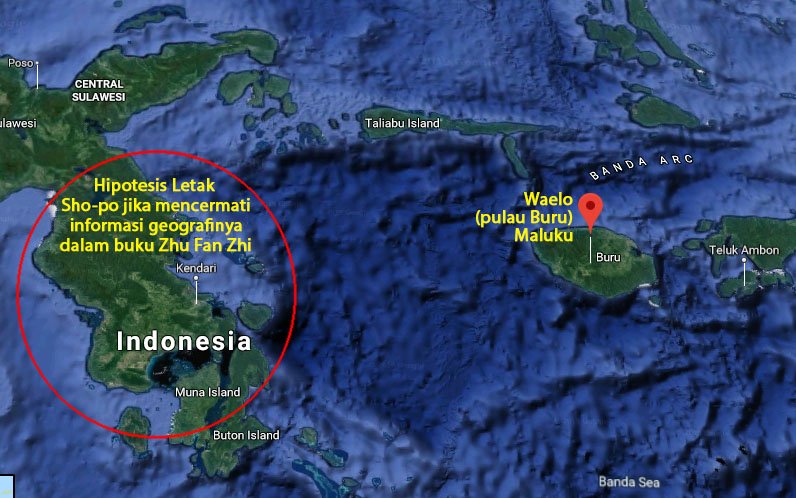 Pada peta ini dapat kita lihat bahwa di sebelah timur sulawesi tenggara adalah laut banda - lebih jauh ke timur ada pulau buru. Sementara Pada pulau Buru terdapat toponim 'Waelo,' nama yang sangat identik dengan wei-lu yang disebut dalam Zhu Fan Zhi. (Dokpri)